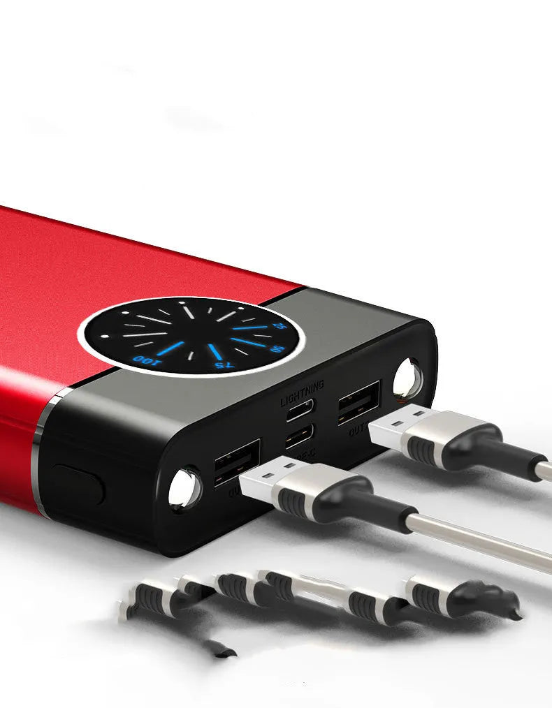 Black fast charging power bank with 20000mAh capacity showing LED flashlight and charging ports