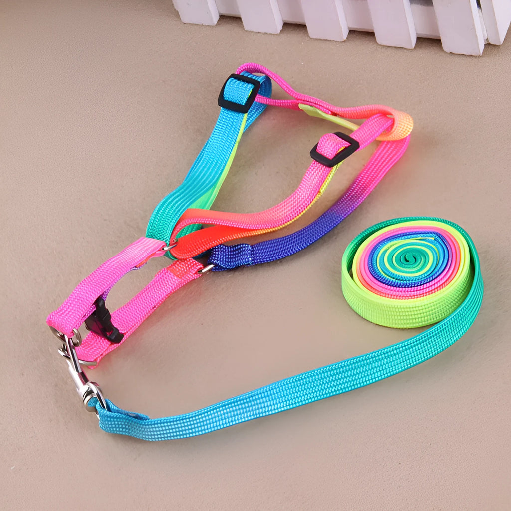 Colourful nylon chest-type dog leash with 120cm pull strap and 1.0cm width, sized for 25-40cm bust.