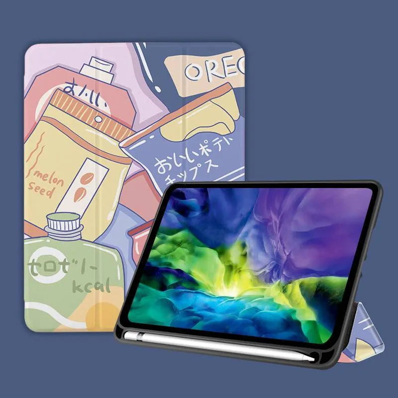 Three fold silicone shell iPad case with imitation leather exterior and cute cartoon print on front cover