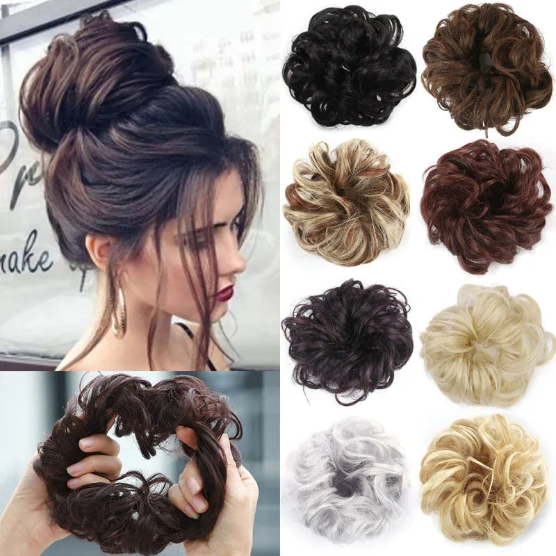 Wig hair circle synthetic hair band with adjustable elastic, heat resistant, in Jet Black or Auburn, for buns and ponytails.