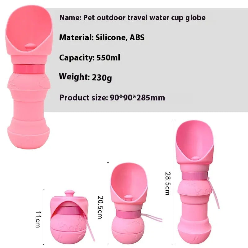 Silicone folding pet water cup shown in collapsed and open positions, available in various colours.