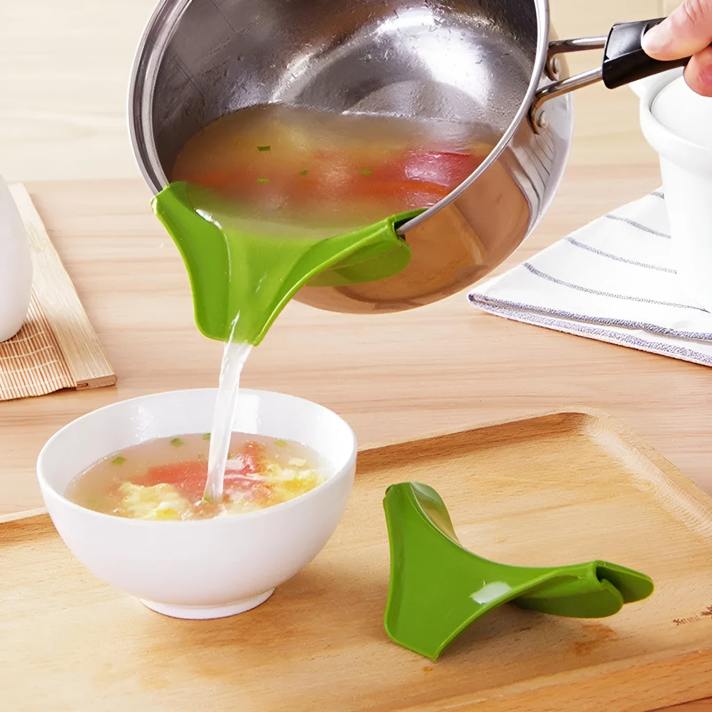 Green silicone kitchen funnel with curved design for round pots