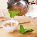 Green silicone kitchen funnel with curved design for round pots