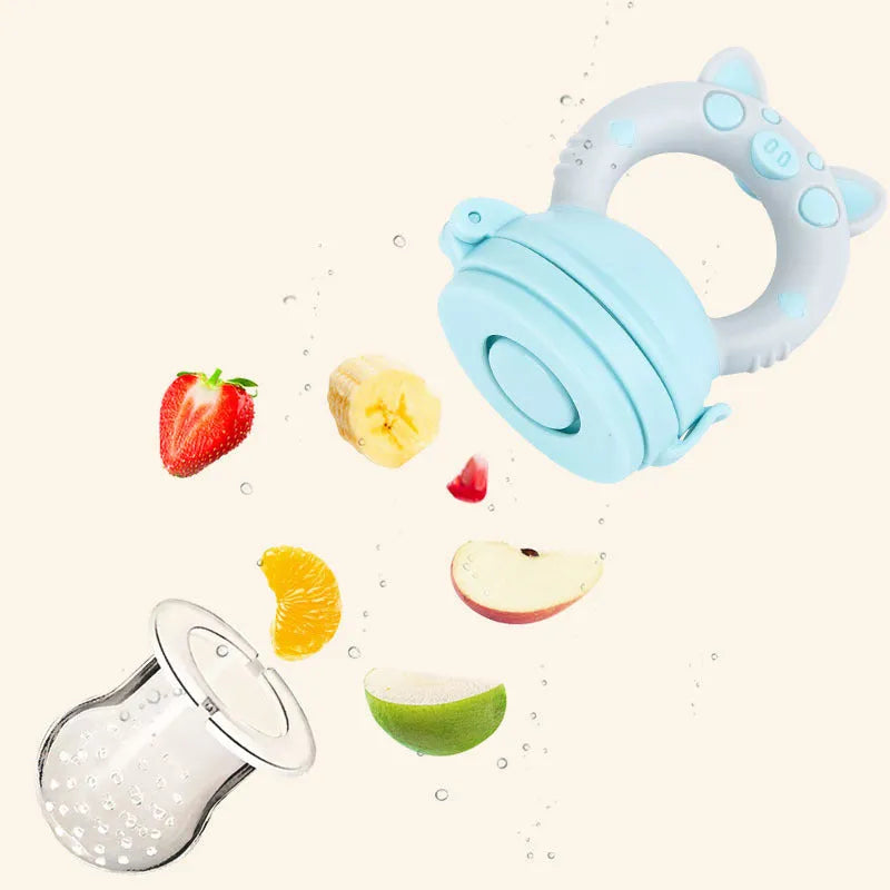 Silicone baby teether in blue, green, or pink with textured mouthpiece for gum relief