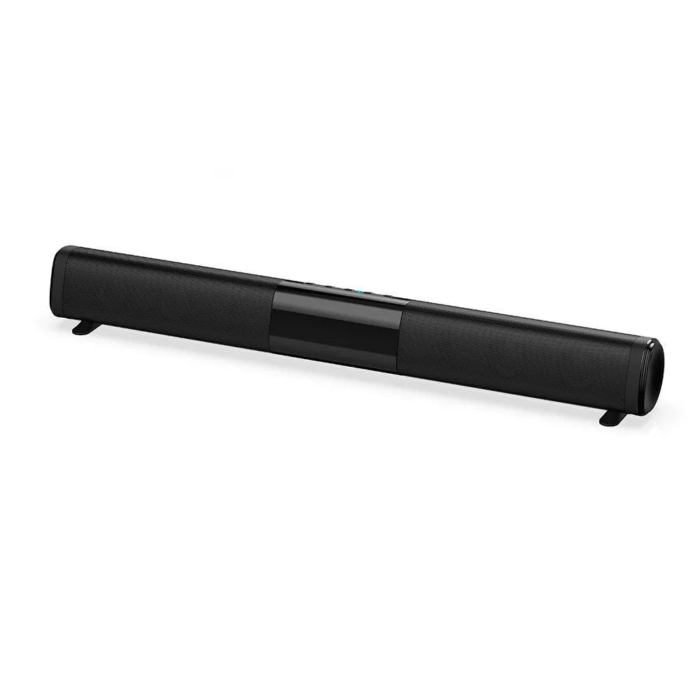 Black Bluetooth sound bar speaker measuring 58.5cm long with four speakers and button controls