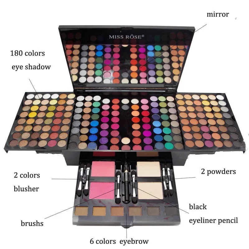 Piano-shaped makeup palette open to show 180 eyeshadows, blushes and powders inside.