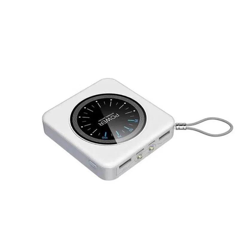 Mini clock power bank in alloy case with multiple USB ports, shown in pink, black, green, and white colour options.