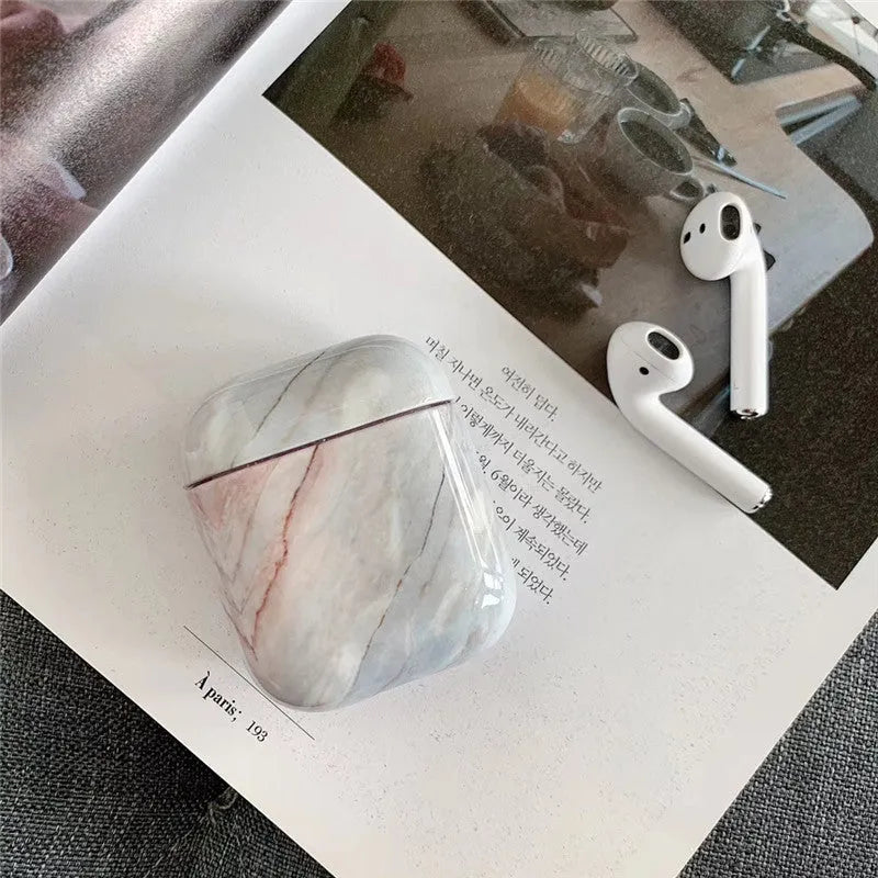 White Marble hard PC protective cover case for Apple AirPods 1 and 2 charging box.
