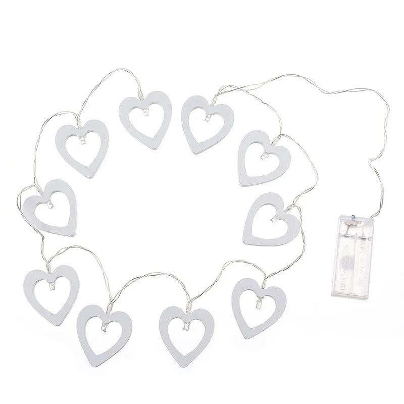 Wooden love lantern string with warm white LED lights hung on a fence, 1.5m length, battery box and USB control