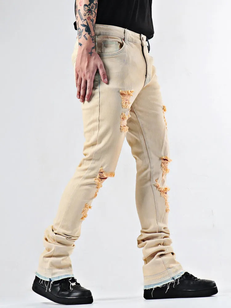 Elastic Youth heavy duty flare jeans in apricot cotton stretch denim with medium high waist and zipper placket