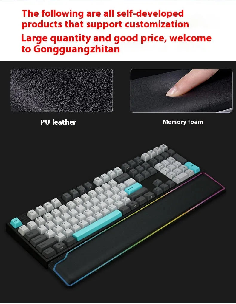 Cowhide keyboard wrist rest with non-slip base on a desk, featuring a black keyboard tray for office typing comfort