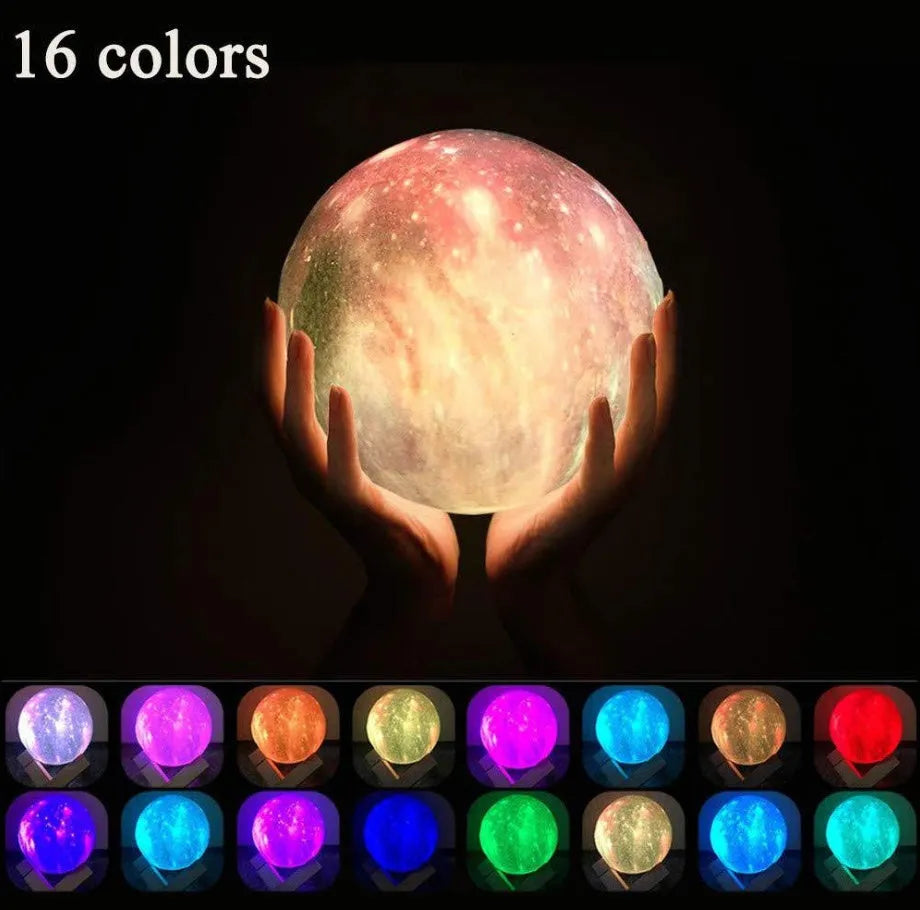 3D-printed white lunar sphere LED night light on a dark surface, showing touch and remote control.