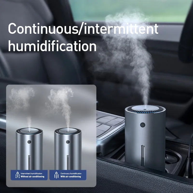 Black aluminium alloy car diffuser humidifier with USB cable for air purification and aromatherapy.