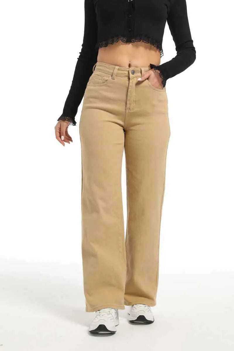 Women's apricot wide-leg straight jeans with high waist on a hanger.