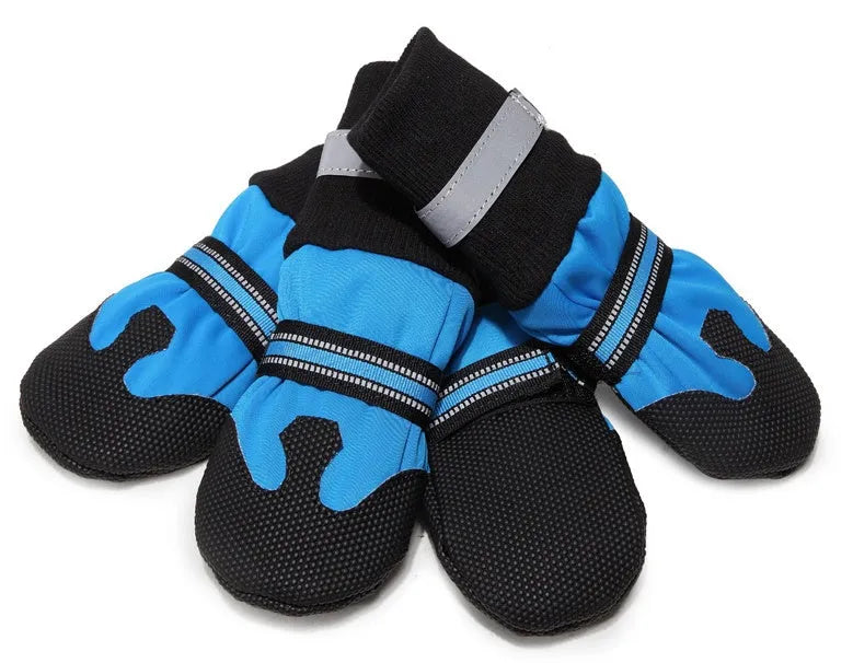 BIBSS waterproof dog boots for large dogs in blue with non-slip rubber sole and reflective velcro straps, set of 4 pieces