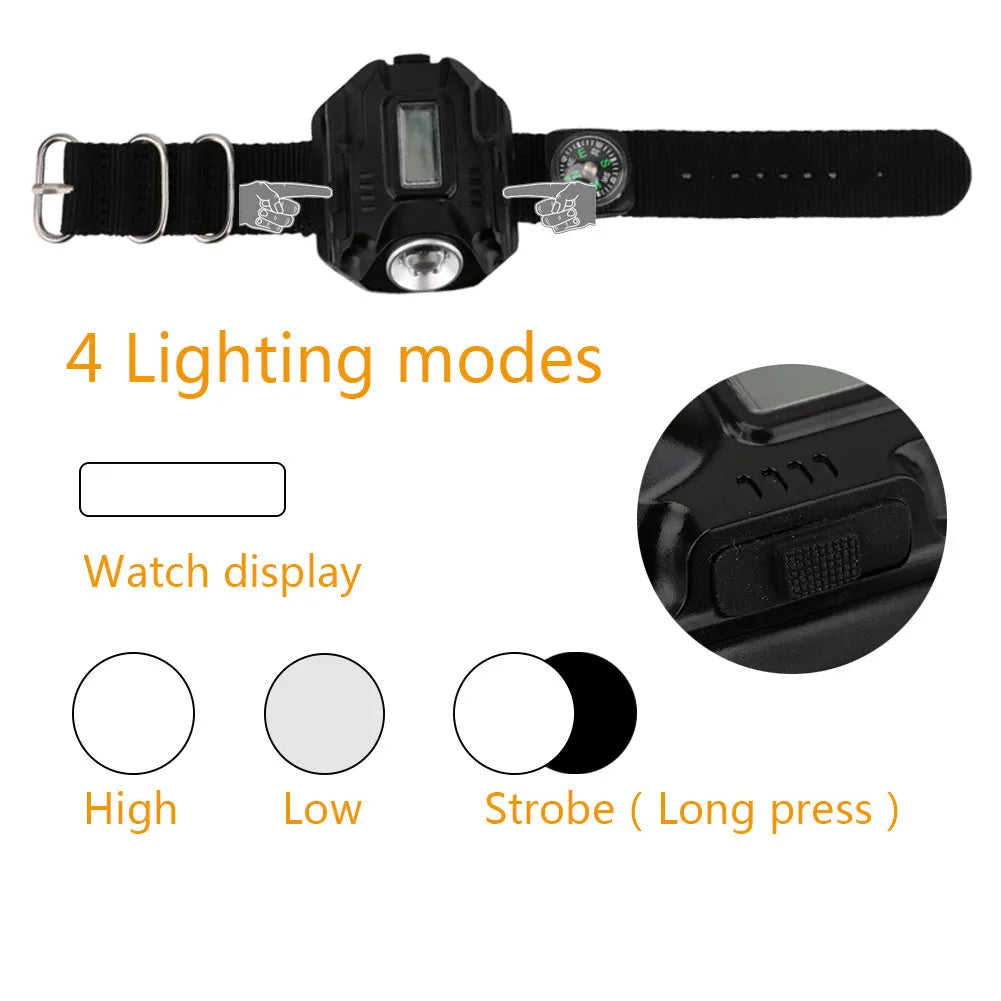 Black LED wrist watch flashlight with USB charging, 4 modes, compass, time display and 22 x 2.4 cm wristband