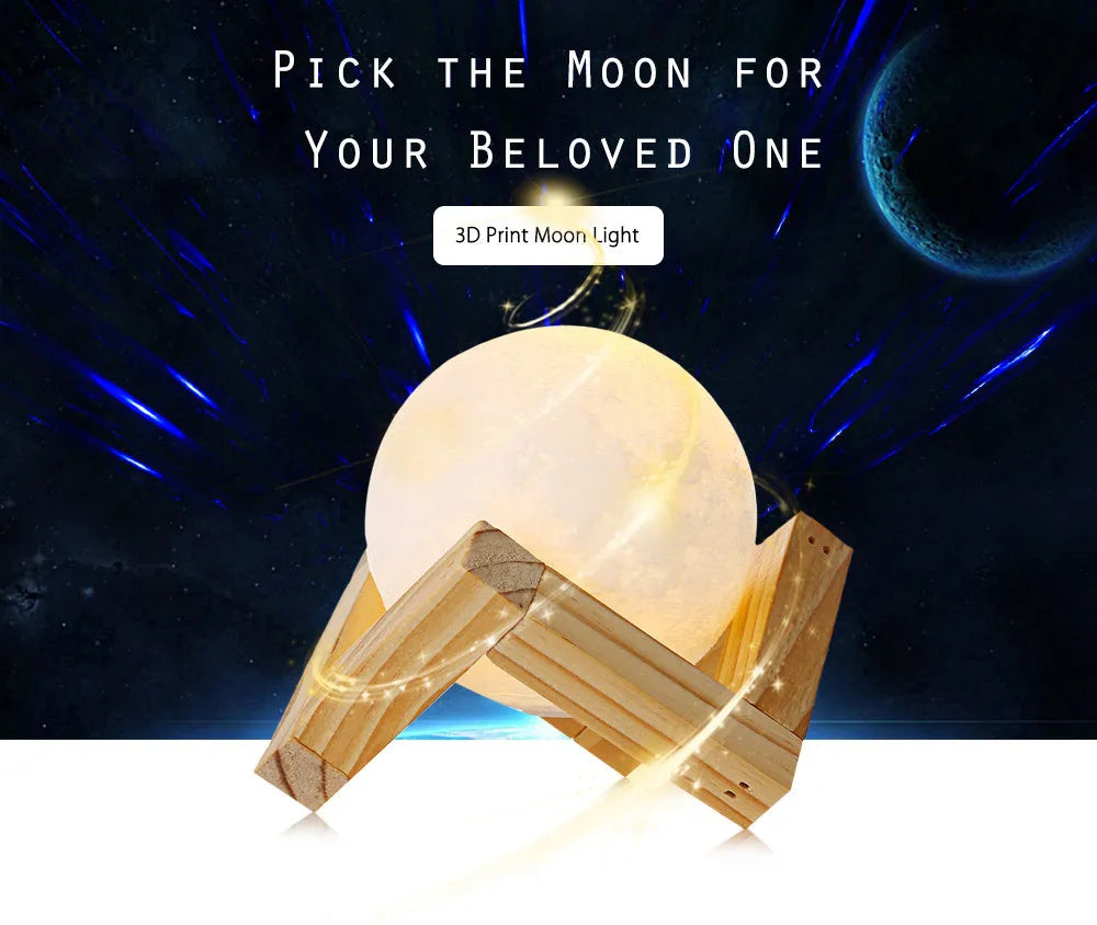 3D printed moon lamp on wooden stand showing lunar surface details with touch control ring