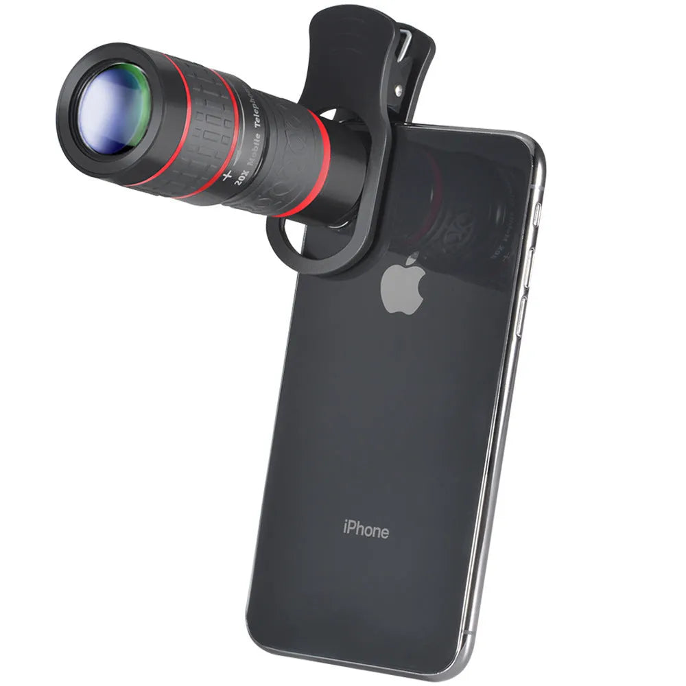 20x magnification smartphone telescope attachment with universal mounting clip and single-eye mask on a white background.