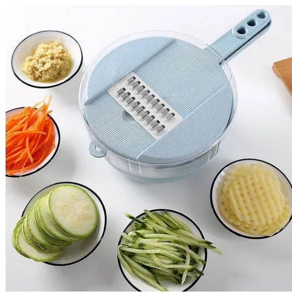 8 In 1 Mandoline Slicer vegetable slicer with stainless steel blades, strainer, and hand guard in blue