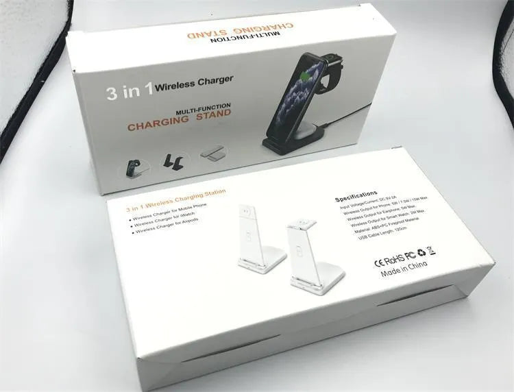 Black foldable three-in-one wireless charger for mobile phone, watch, and headphones with USB cable