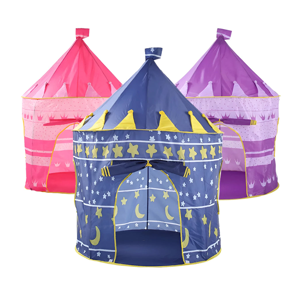 Kids foldable castle play tent in blue with sturdy poles and open front, ideal for indoor outdoor use