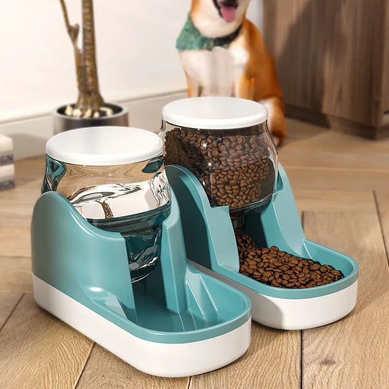 Automatic pet feeder and water fountain unit in blue for cats and small dogs with large capacity
