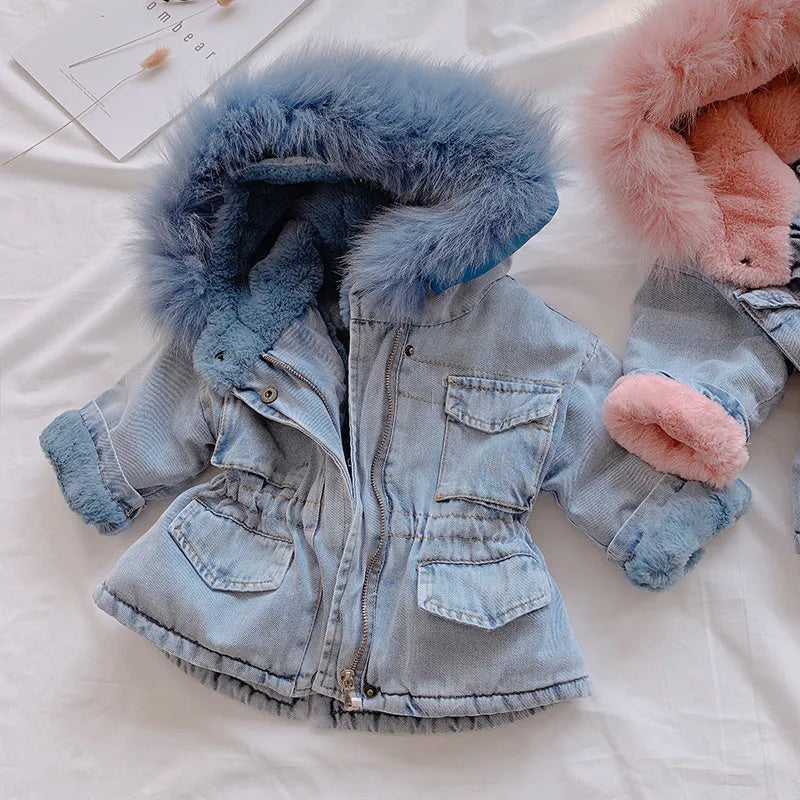 Blue girls' denim coat with a non-removable hood and fleece lining, shown on a hanger.