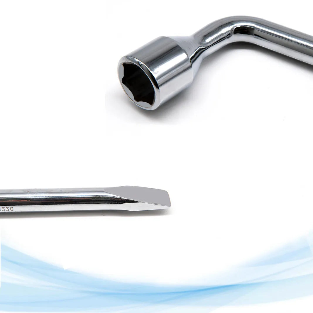 L-shaped single-size 19mm socket wrench tool made from CR-V steel.
