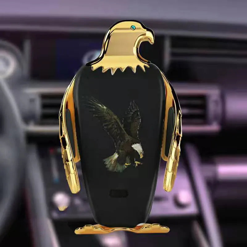 Car phone holder with magnetic wireless charging base mounted on dashboard showing phone attachment