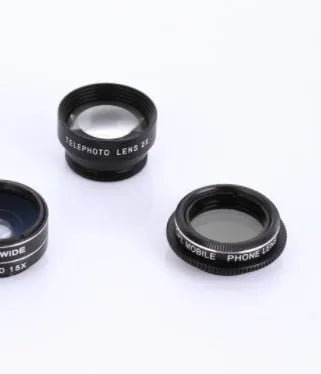 Five-in-one mobile phone lens kit with fisheye, wide-angle, macro, telephoto, and CPL clip-on lenses for smartphones