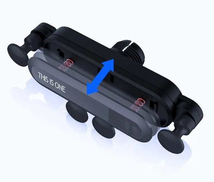 Universal black plastic car phone holder clipped onto a vehicle air vent