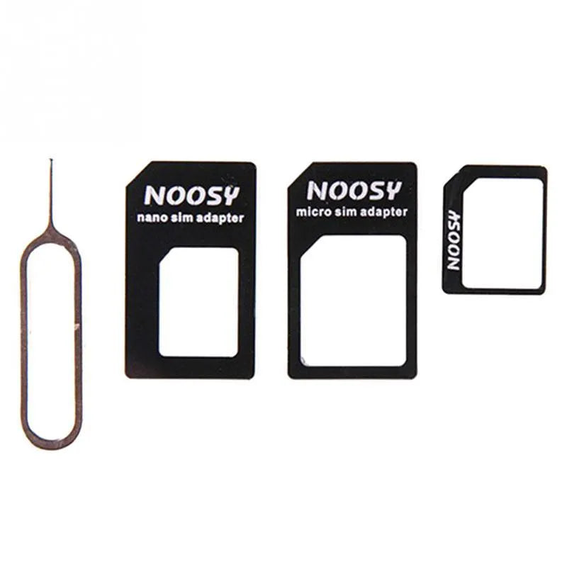 Three-piece SIM card kit showing nano, micro, and standard sizes in black and white colours.