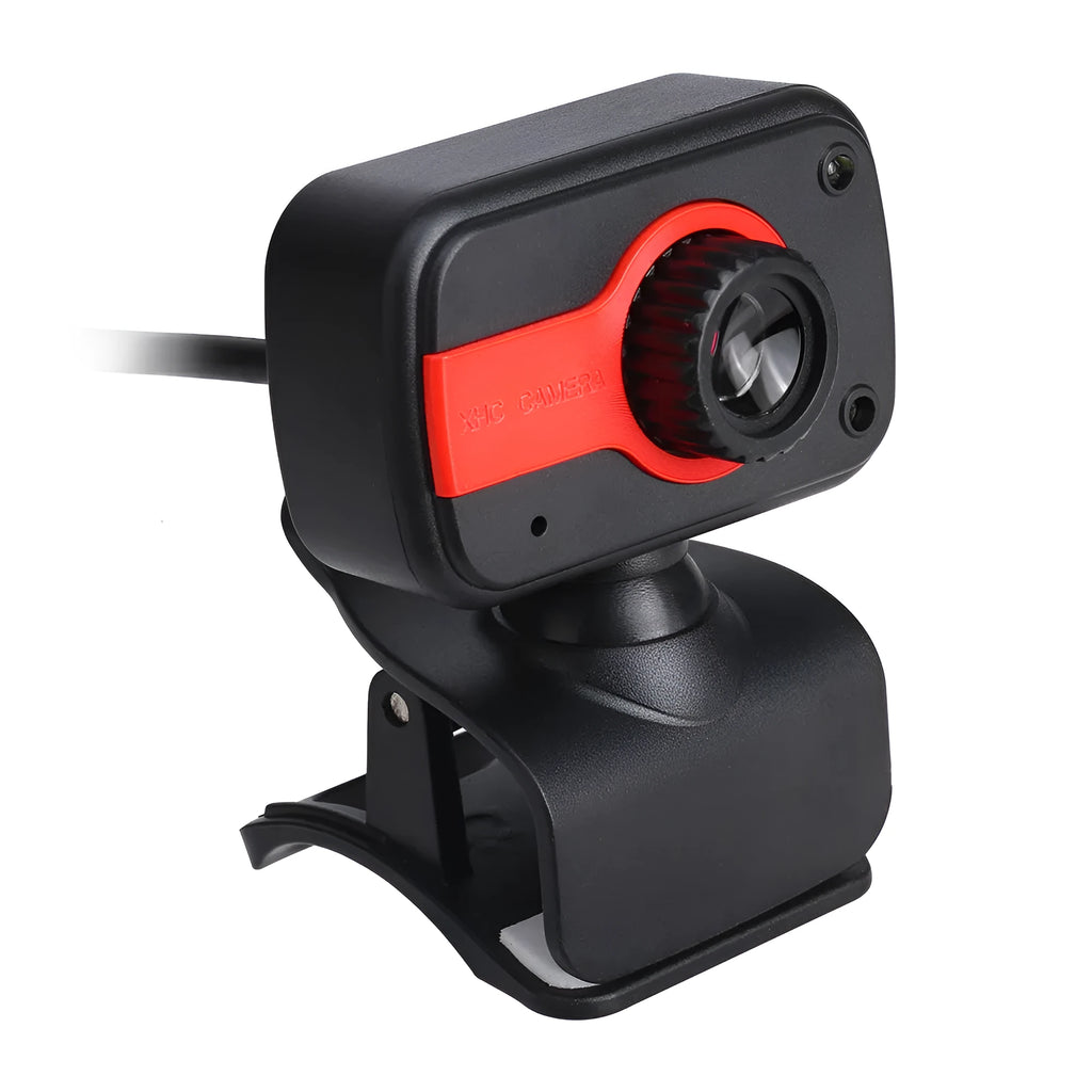 Blue mini USB webcam on a stand showing its 360-degree rotating base and focus ring.