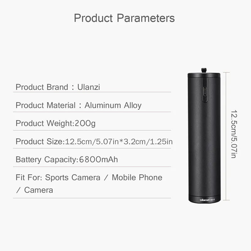 Black aluminium alloy portable power bank with integrated handle showing 12.5cm length