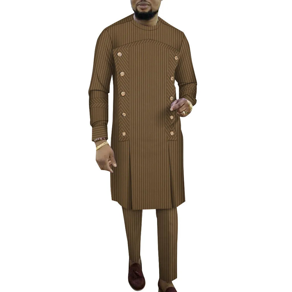 African men's striped robe two-piece set with long sleeve top and matching trousers in cotton fabric