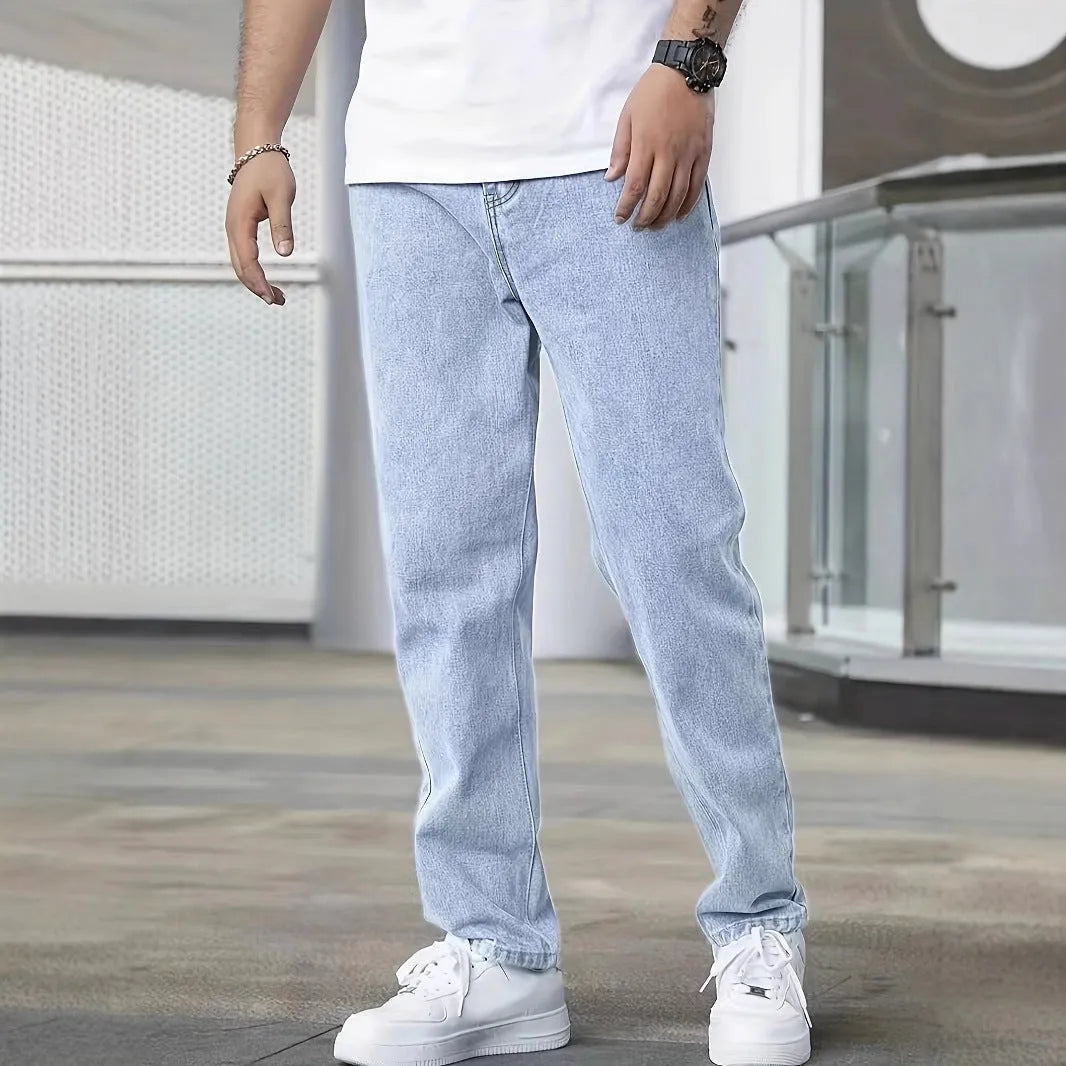 Youth slim straight-leg jeans for men in light blue cotton fabric, mid waist with zip placket