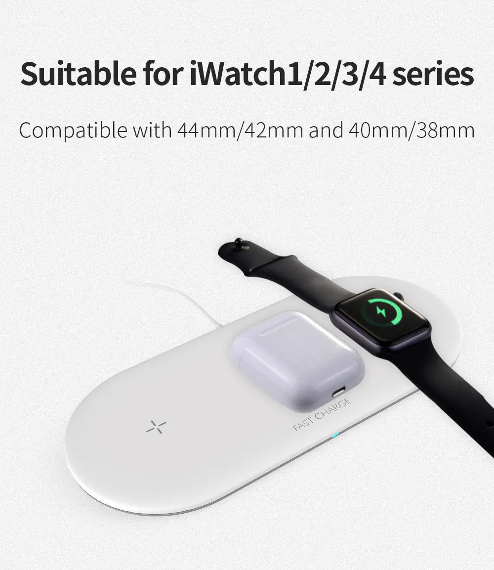 Black three-in-one wireless charging station for Apple mobile phone, iWatch and headphones on desktop