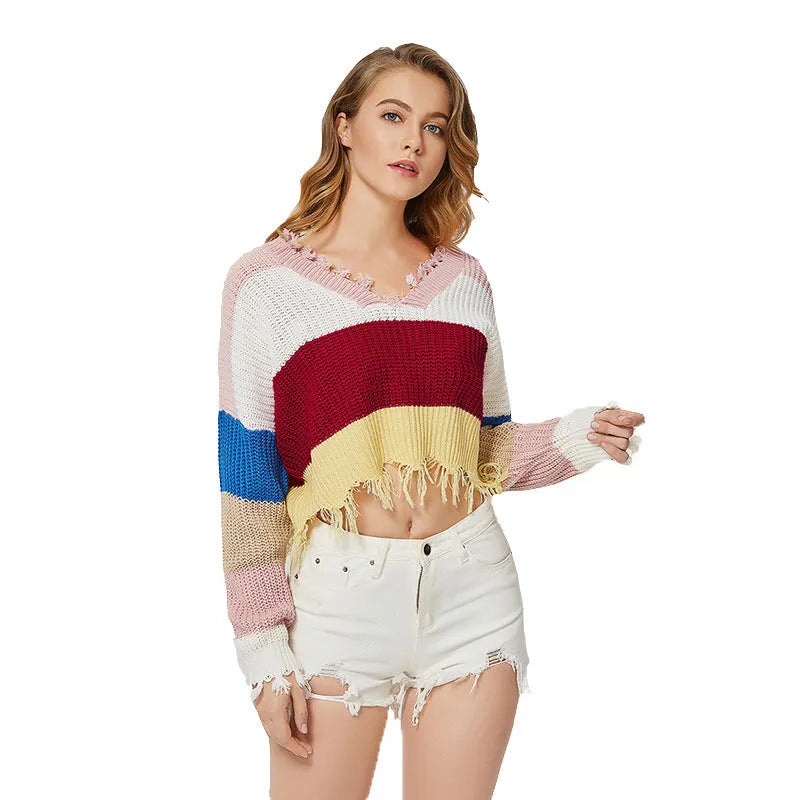 Colour-block striped deep V-neck irregular sweater for women, loose long-sleeve pullover in British style
