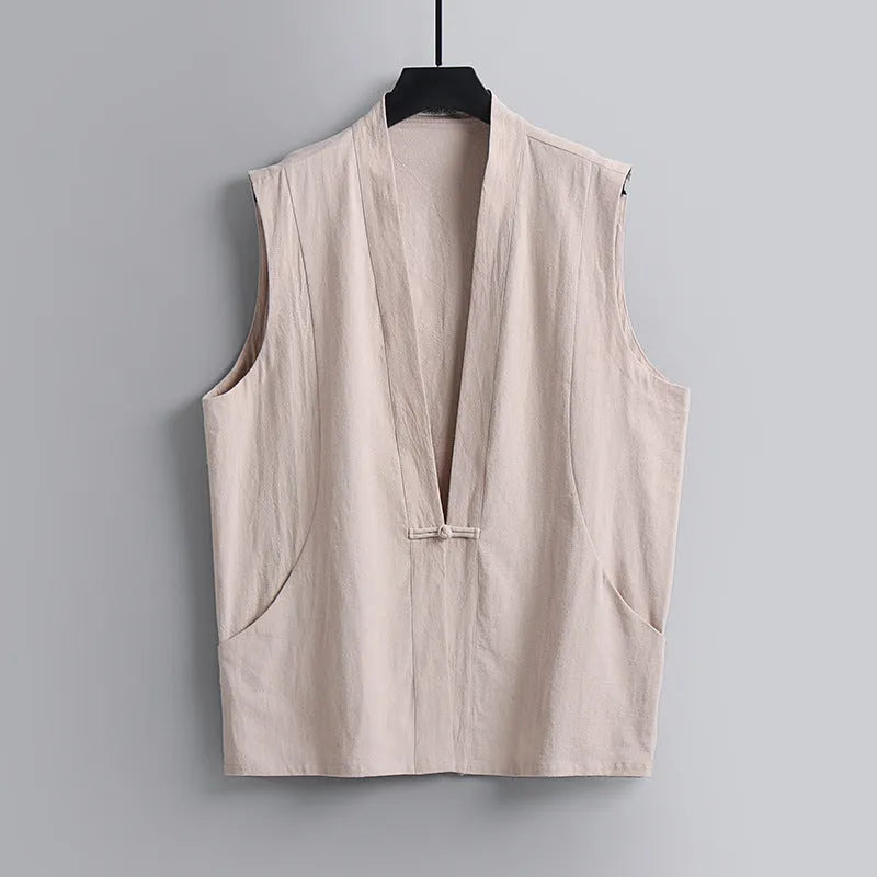 Men's loose fit linen sleeveless vest in a solid colour on a hanger.