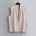 Men's loose fit linen sleeveless vest in a solid colour on a hanger.
