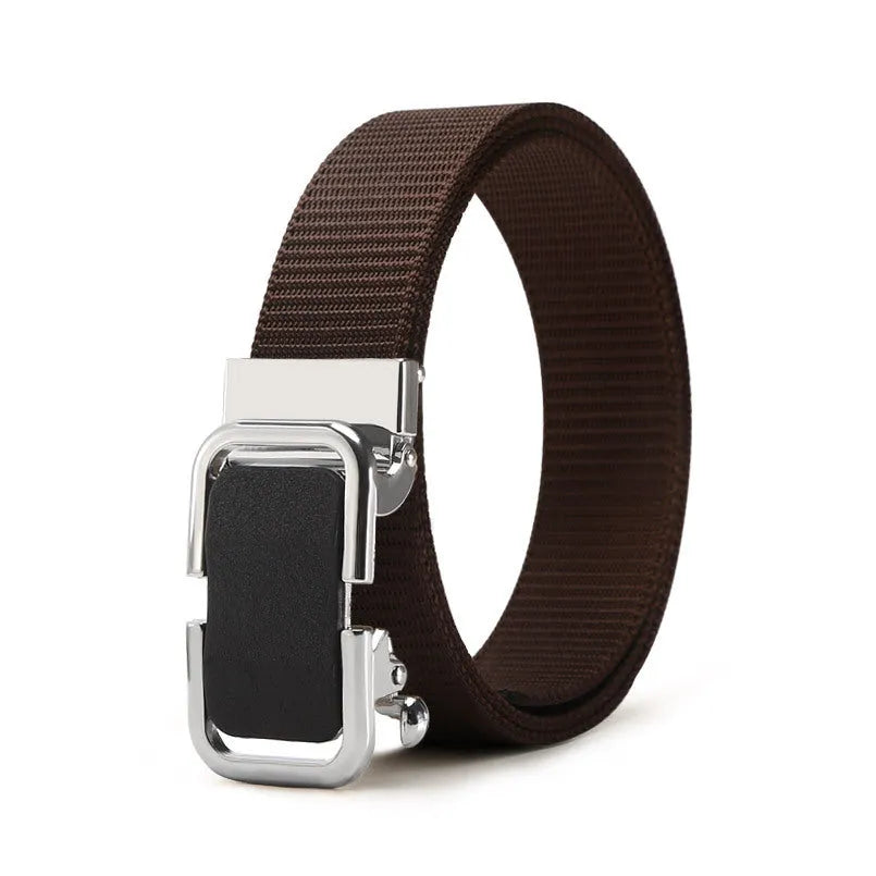 Men's nylon canvas belt with a silver slide buckle on a grey background, showing the adjustable toothless design.
