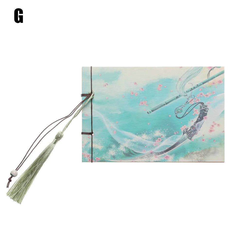 A5 kraft paper notebook with a hand-stitched binding and a hanging tassel bookmark in a natural design.