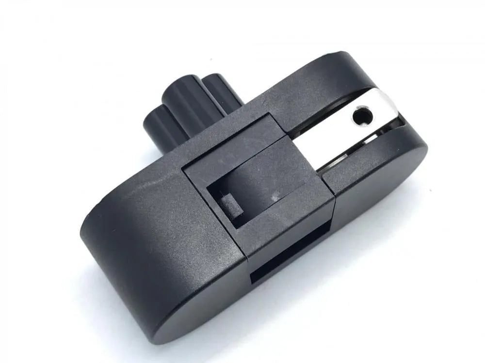 Black folding notebook power plug with two forks and plum tail connector in straight and angled positions