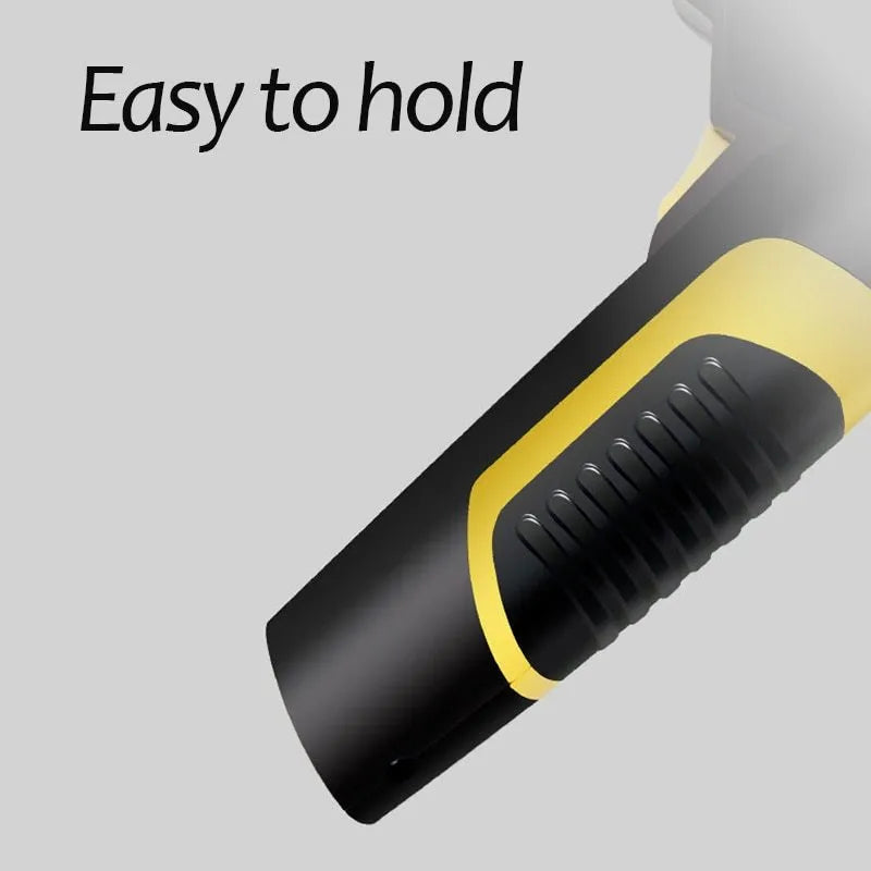 Automatic portable handheld digital LED car air compressor with hose and connectors on black background