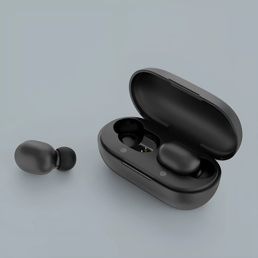 Black true wireless Bluetooth earbuds with bilateral stereo design for hands-free calls and music