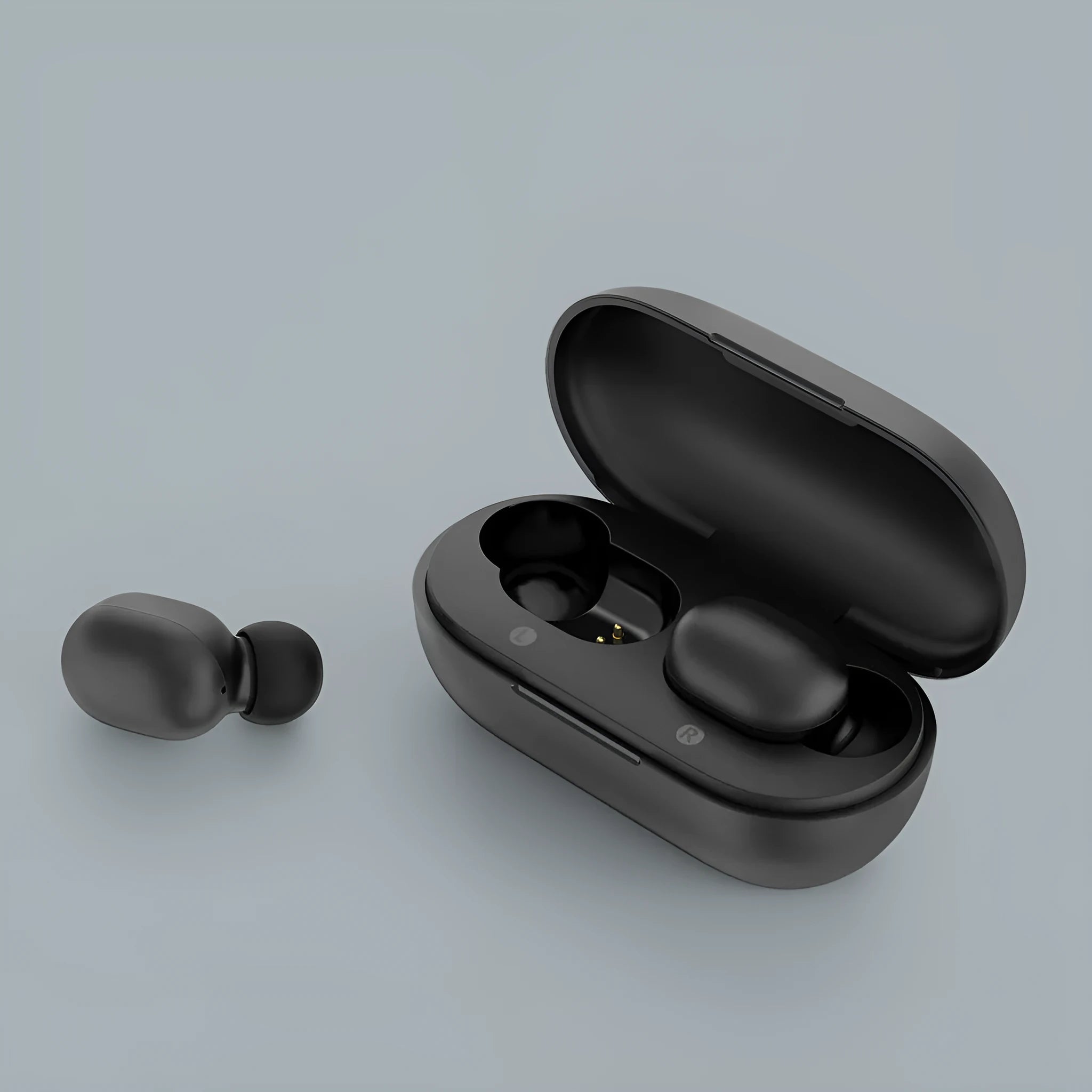 Black true wireless Bluetooth earbuds with bilateral stereo design for hands-free calls and music