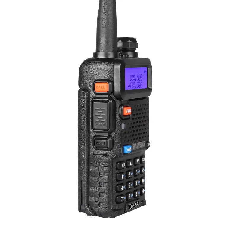 Black professional walkie talkie with LCD display, showing 128 channels and dual VHF/UHF frequency bands.