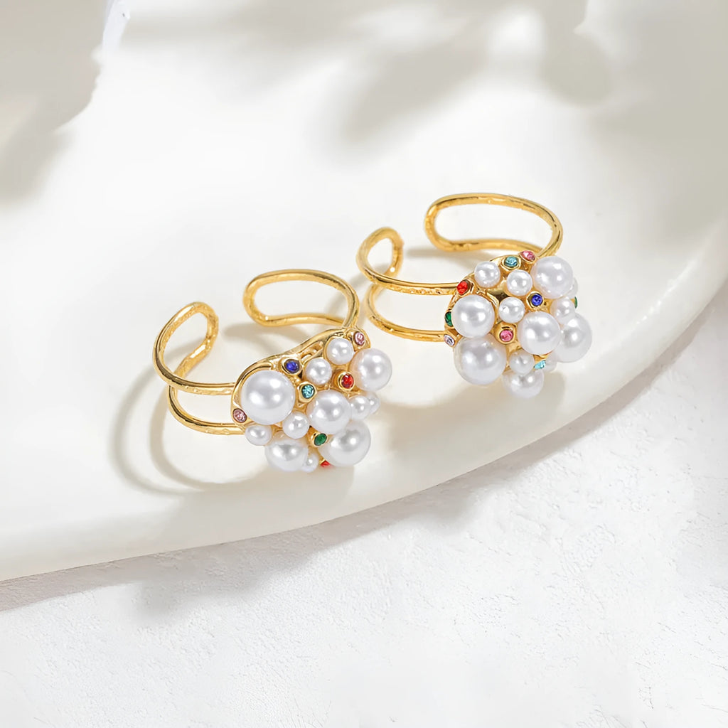 Women's stainless steel adjustable ring with pearl and zircon decoration in heart-shaped or round style