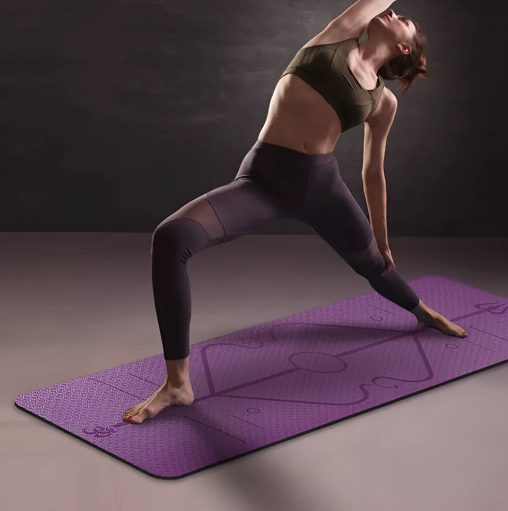 TPE yoga mat 6mm thick with body position line in bamboo blue, non-slip fitness mat for exercise