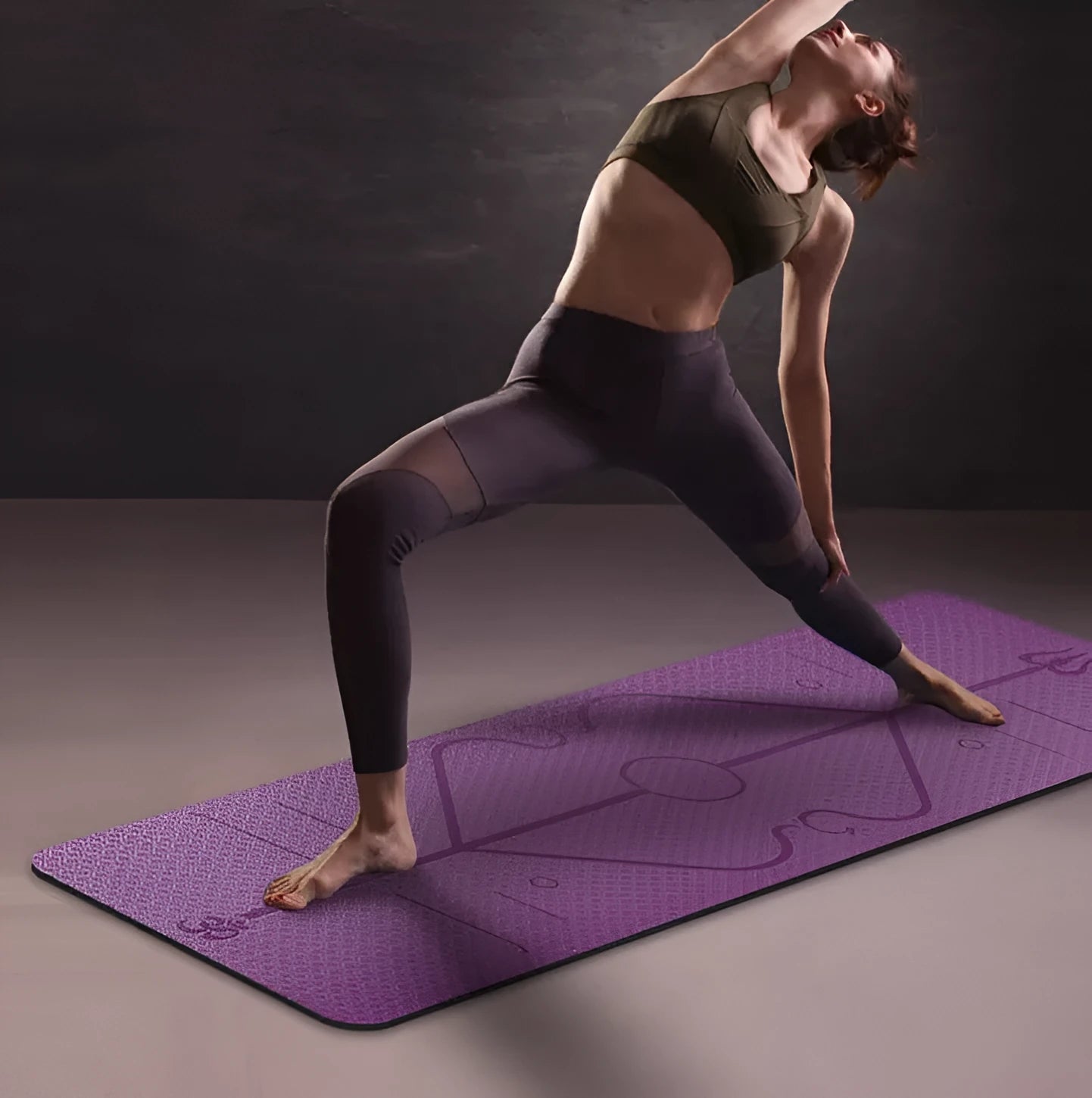 TPE yoga mat 6mm thick with body position line in bamboo blue, non-slip fitness mat for exercise